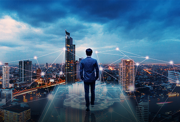 Business man on future network city
